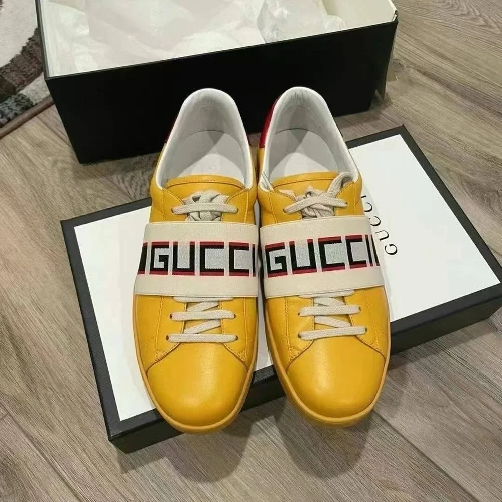 Authentic Gucci Mens Ace Jacquard Lace Up Casual Sneaker Yellow Size 8.5 NIB